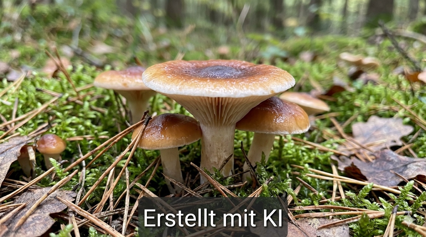 Braunscheibiger Schneckling - Bild exemplarisch, KI generiert. Bei diesem Schneckling ist die Hutmitte deutlich dunkler gefärbt als der Hutrand. 